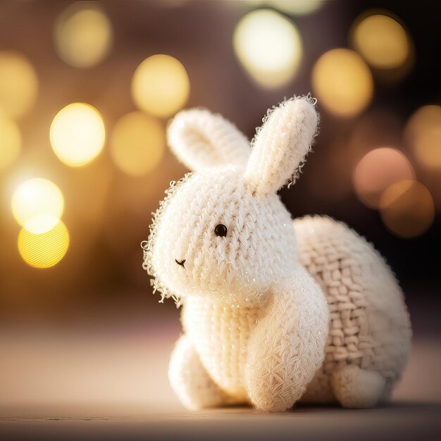 White knitted bunny sitting on the table