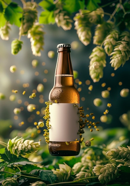 White label beer bottle with green hops background