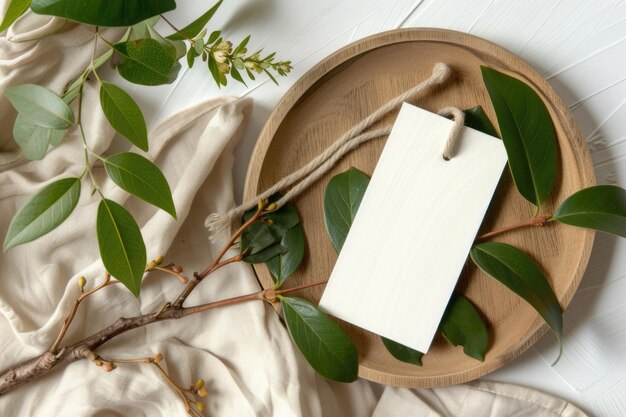 White label on a wooden round plate with organic green leaves and natural fabric