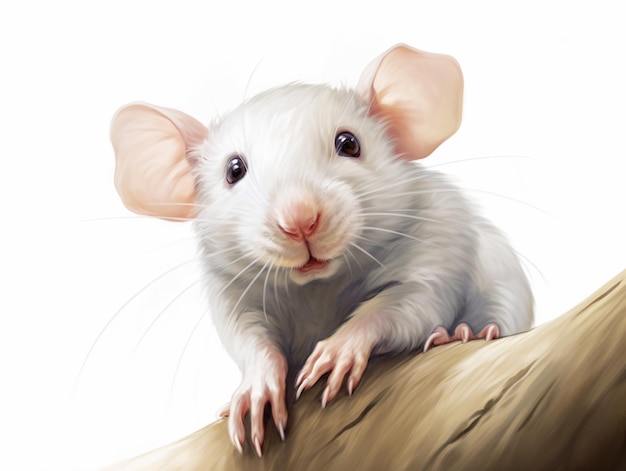 White laboratory mouse running on white background closeup