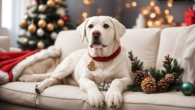 Photo white labrador dog on the couch among the christmas decor