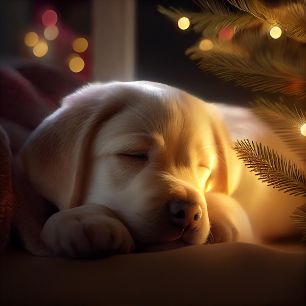 クリスマスに白いラブラドールの子犬