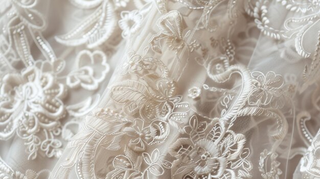 Фото Белая кружевная ткань свадьбное платье детали вышивка вблизи