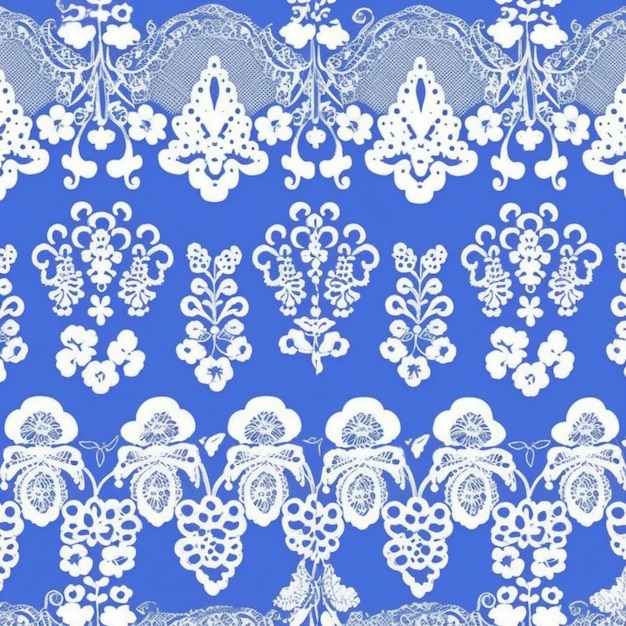 White lace with floral patterns on a blue background.