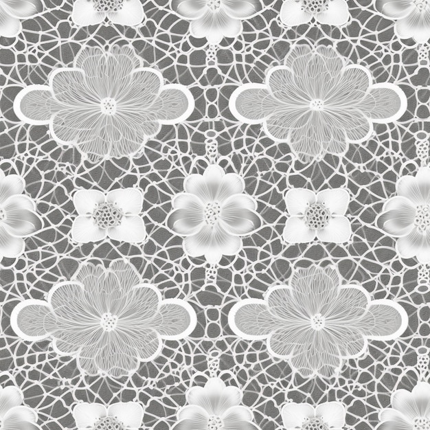 회색 배경에 꽃이 있는 흰색 레이스. 원활한 패턴입니다.
