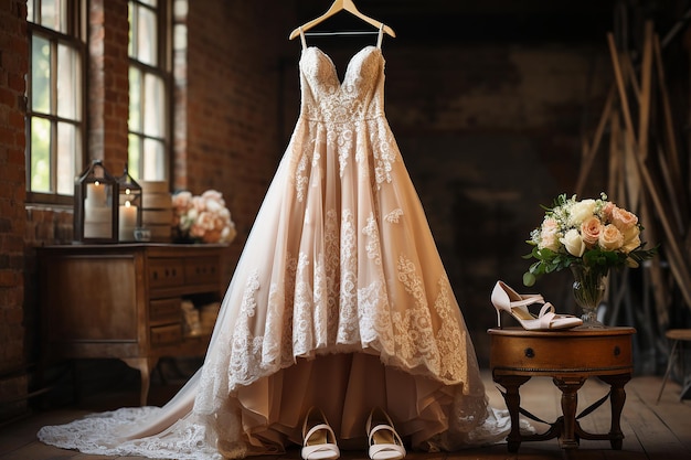 White Lacy Wedding Dress Hanging on a Vintage Hook