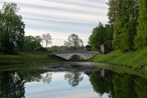 ガッチナ公園の白い湖と夏の日のガッチナ レニングラード地域ロシアの石造りの橋