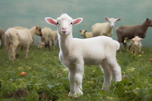 White lamb in a field in front of other animals