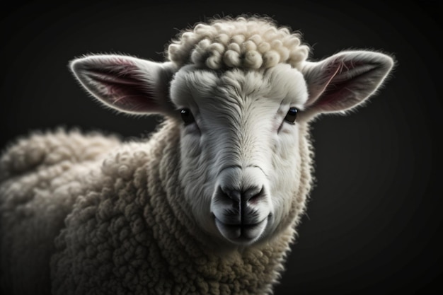 White lamb isolated on black Closeup of a young sheep looking at camera with copy space on black background