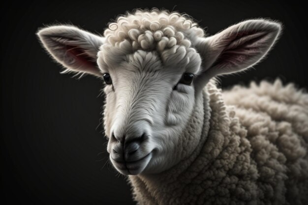 White lamb isolated on black Closeup of a young sheep looking at camera with copy space on black background