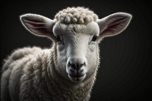 White lamb isolated on black Closeup of a young sheep looking at camera with copy space on black background