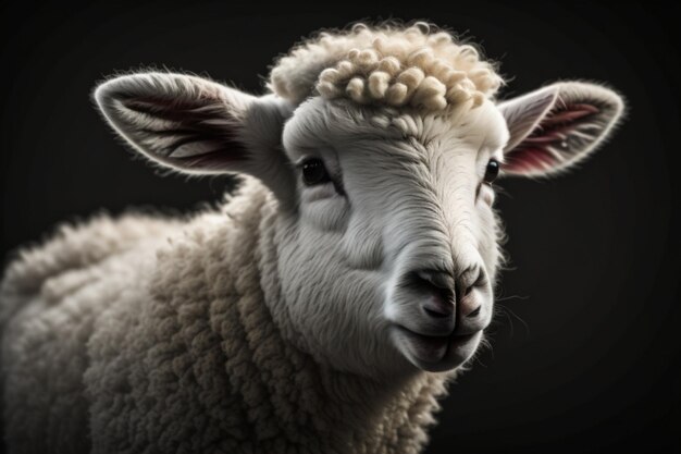 White lamb isolated on black Closeup of a young sheep looking at camera with copy space on black background