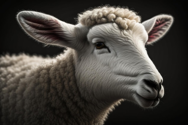 White lamb isolated on black Closeup of a young sheep looking at camera with copy space on black background