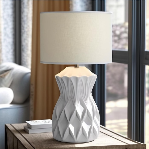 A white lamp with a white shade that says'the word lamp'on it