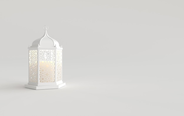 White lantern with candle lamp with arabic decoration arabesque design ramadan kareem