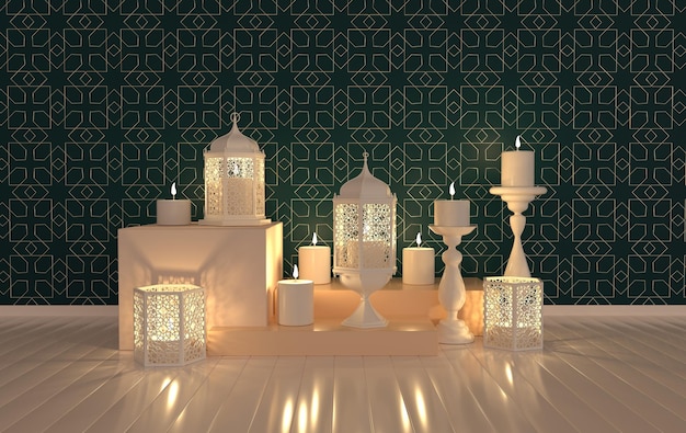 White lantern with candle lamp with arabic decoration arabesque design