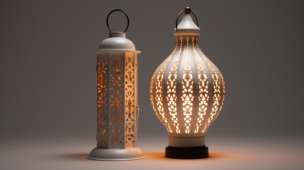 White lantern with candle lamp with arabic decoration