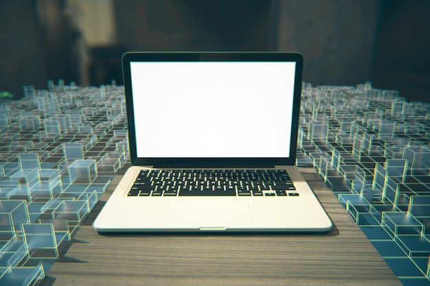 White laptop and green cubes