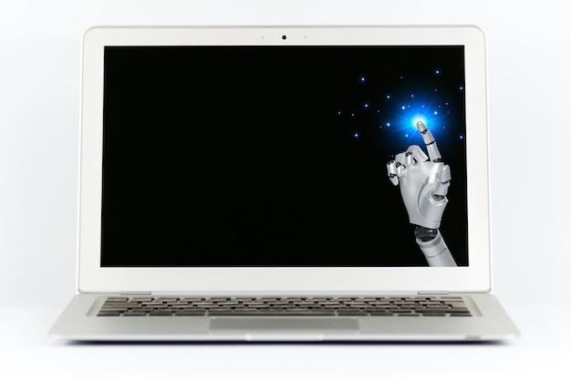 画面に「ロボット」と表示された青いライトが付いた白いノートパソコン。