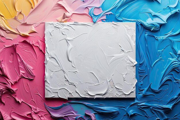 White large empty frame crushed multicolored colorful glossy paint splashes top view happiness