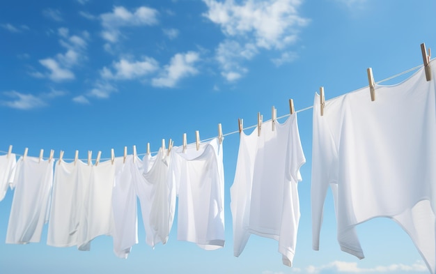 Photo white laundry hanging on a line with the sky in the background.