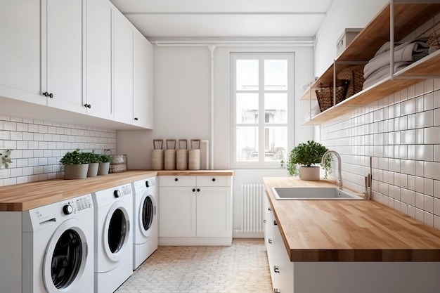 White laundry room with hardwood counters and builtin washer