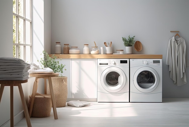 white laundry room with towels in the style of hyperrealistic