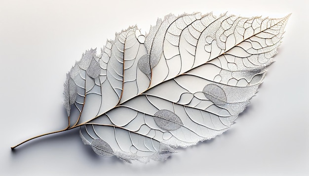 A white leaf with silver and gold beads is displayed on a white surface