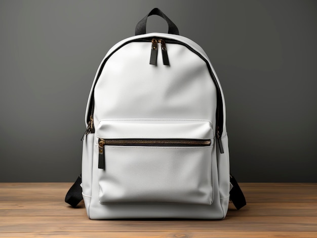 White leather backpack on wooden floor and gray wall background Generative AI