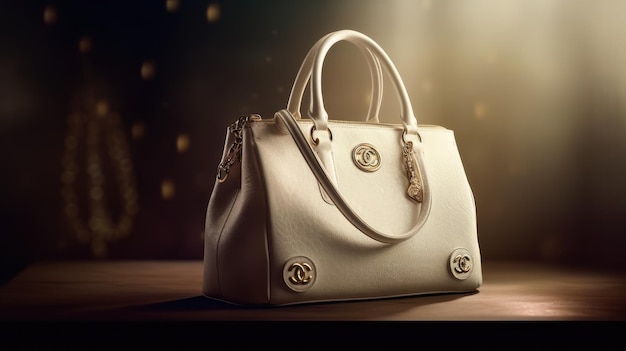 A white leather bag with the word chanel on it