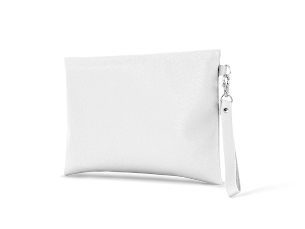 Foto borsa manico in pelle bianca con appeso isolato su bianco