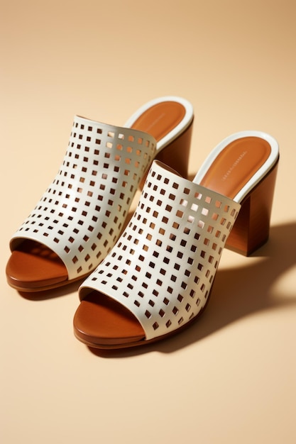 White leather mules with square cutouts and brown heels