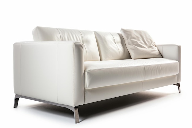 White leather sofa with a white pillow on the left side.