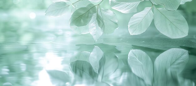 Photo white leaves transparent on mirror reflection soft green pastel blur background generated ai image