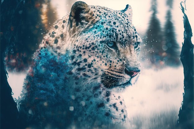 White leopard face in snow winter forest predator in wilderness