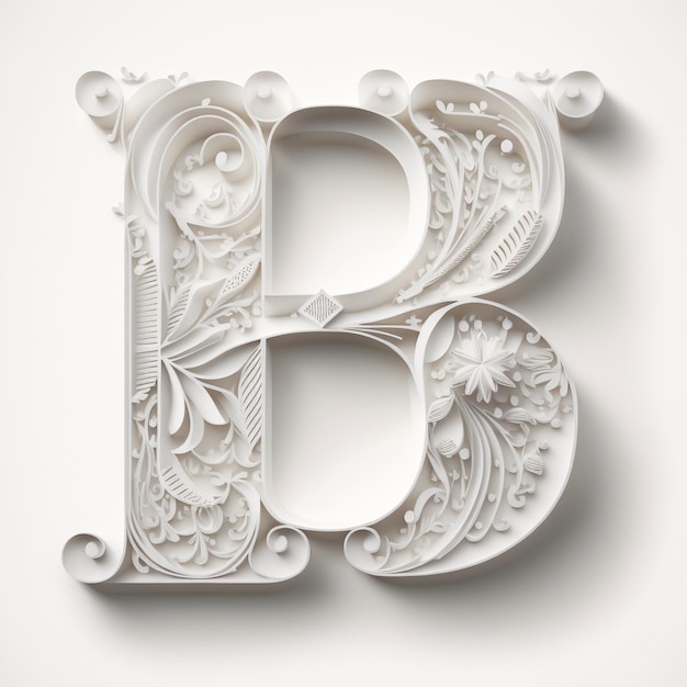 A white letter b with floral designs on the top.
