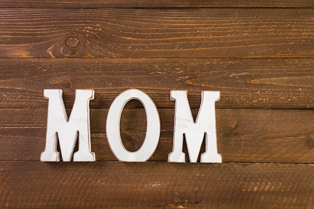 White letters MOM on a painted wood background.