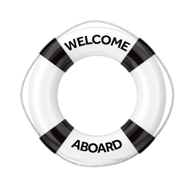 White Life Buoy with Welcome Aboard Sign on a white background. 3d Rendering