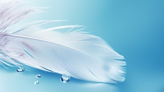 Photo white light airy soft bird feather with transparent fresh drops of water on turquois generative ai