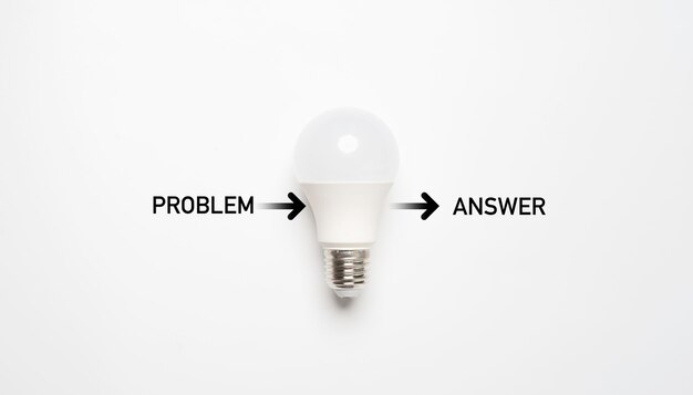 Photo white lightbulb with problem and answer wording for creative thinking idea and problem solving until get solution and answer concept