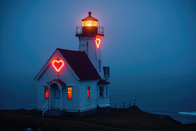 Photo a white lighthouse standing tall on the coast adorned with a red heart symbol overlooking the sea a quaint lighthouse beaming heartshaped lights ai generated