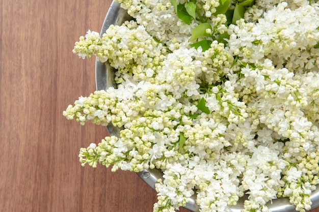 White lilac bowl on a wooden