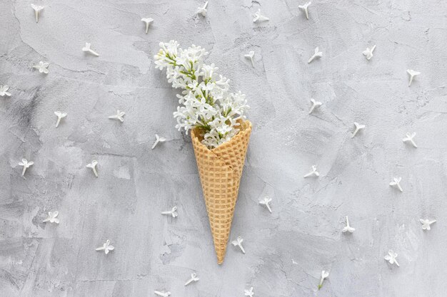 White lilac flowers in ice cream cone Abstract spring background