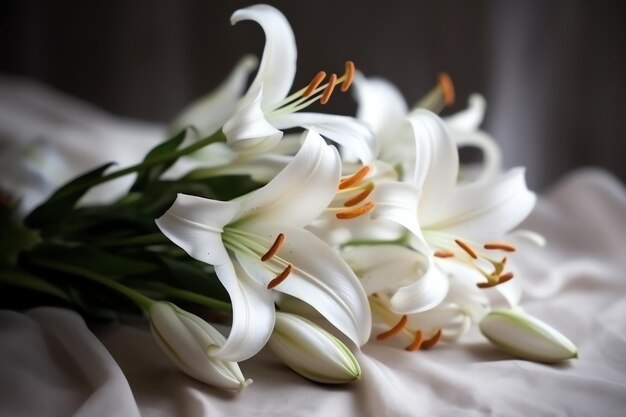 White lilies on a bed with a white sheet.