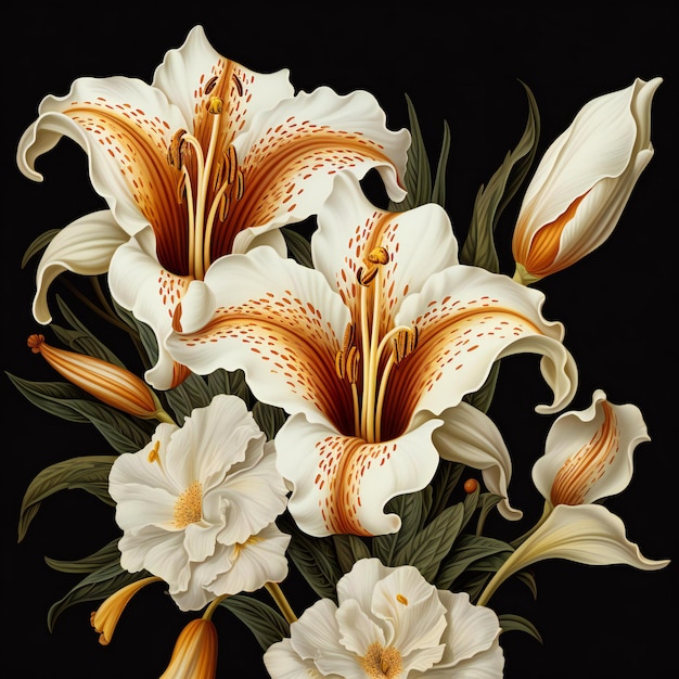 Photo white lilies on a black background floral bouquet