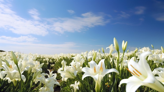 White lilies in a field with a blue sky