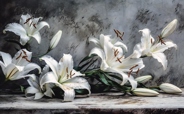 White lilies on a gray surface