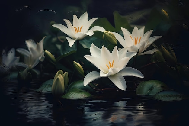 White Lilies in a Pond with Green Leaves on a Dark Background Generative AI