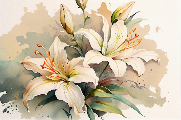 White lilies watercolor on white background AI Generated