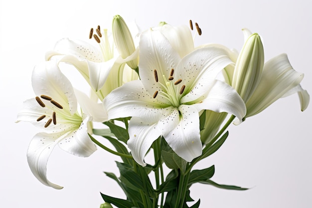 White lilies with green leaves in a vase